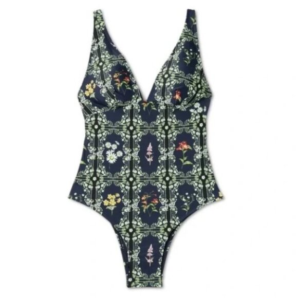 NWT Agua Bendita Navy Dainty Floral Tile Print Cheeky One Piece Swimsuit - Picture 3 of 4